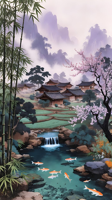 Traditional East Asian Village and Terraced Fields - Free mobile Wallpaper