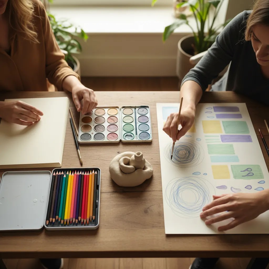 Structured art therapy for depression session setup with beginner-friendly creative materials and calming abstract artwork