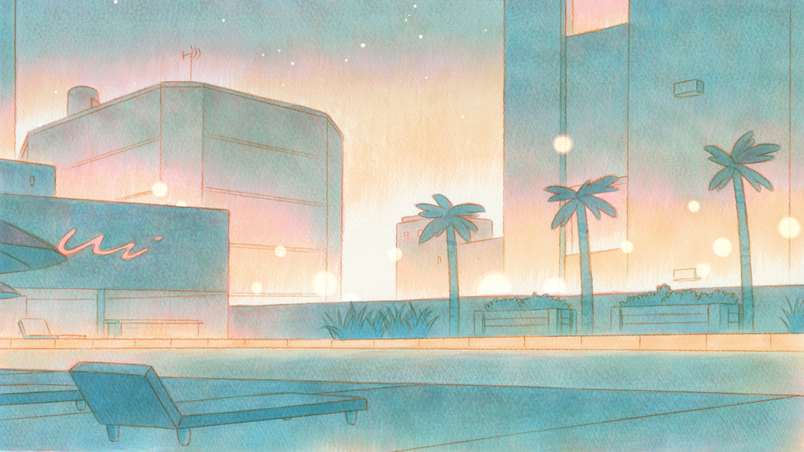Lo-Fi Poolside City Sunset - Watercolor Illustration Full HD Wallpaper (1920x1080)