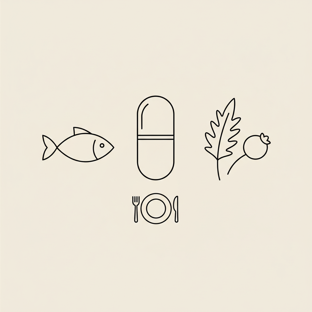 Minimal Tonum-style line illustration of a capsule, fish icon, milk thistle leaf and small plate with cutlery on beige background — best supplement for losing fat