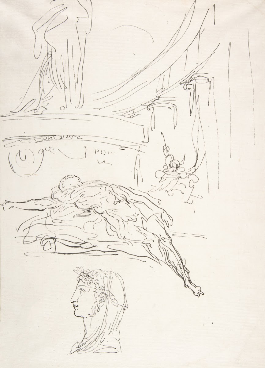 Sheet of Studies Including a Roman Head a Male Figure on a Pyre and a Colonnade