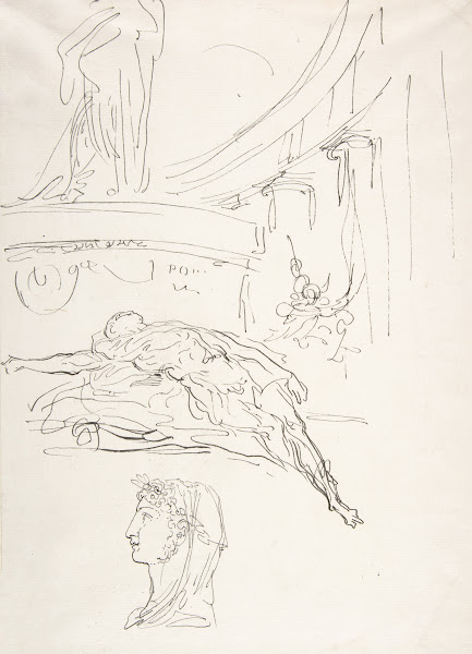 Sheet of Studies Including a Roman Head a Male Figure on a Pyre and a Colonnade