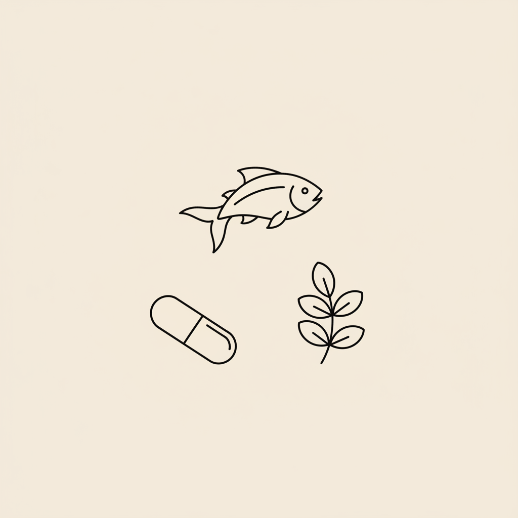 Minimalist line illustration of a fish, a capsule, and a bacopa leaf sprig on a beige background, representing best supplements for memory in a clean Tonum-style vector.