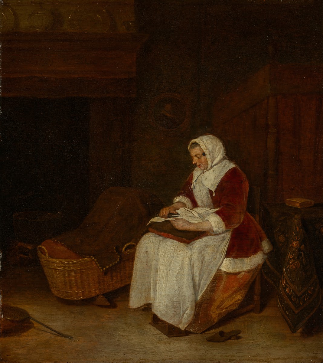 Seated woman with velvet jacket sewing