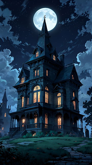 Cartoon Gothic Haunted Mansion Under Full Moon Night - Free mobile Wallpaper