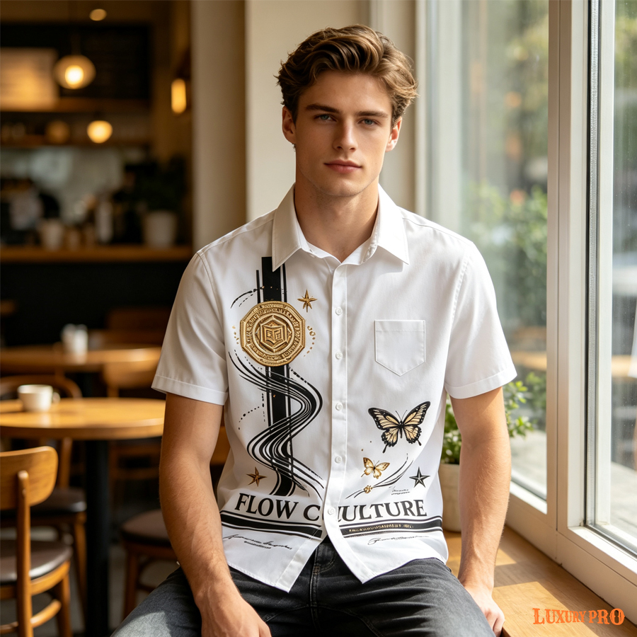 Men's normal collar short-sleeved shirt with pockets