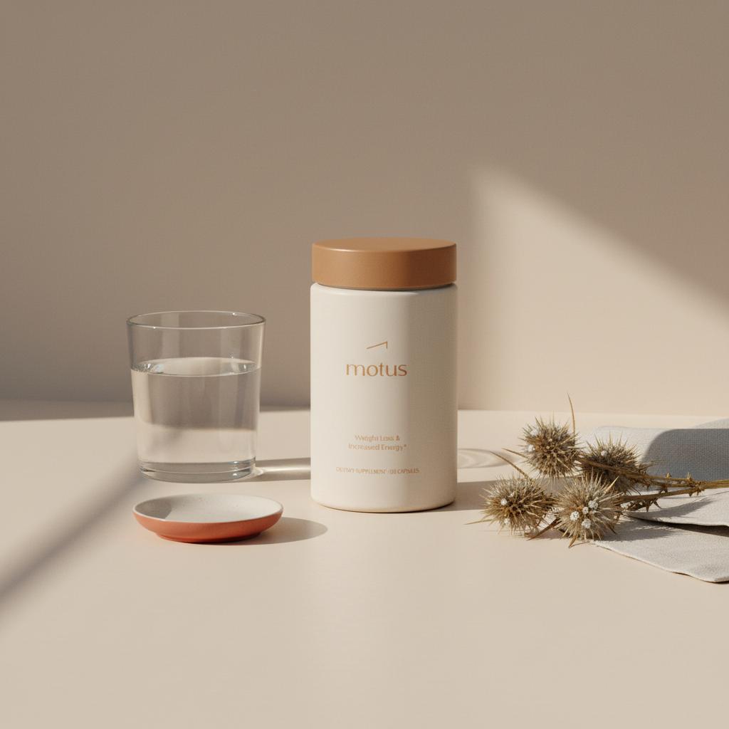 Tonum supplement bottle beside dried milk thistle seed heads and a glass of water on a light beige countertop in a minimalist clinical lifestyle scene featuring milk thistle