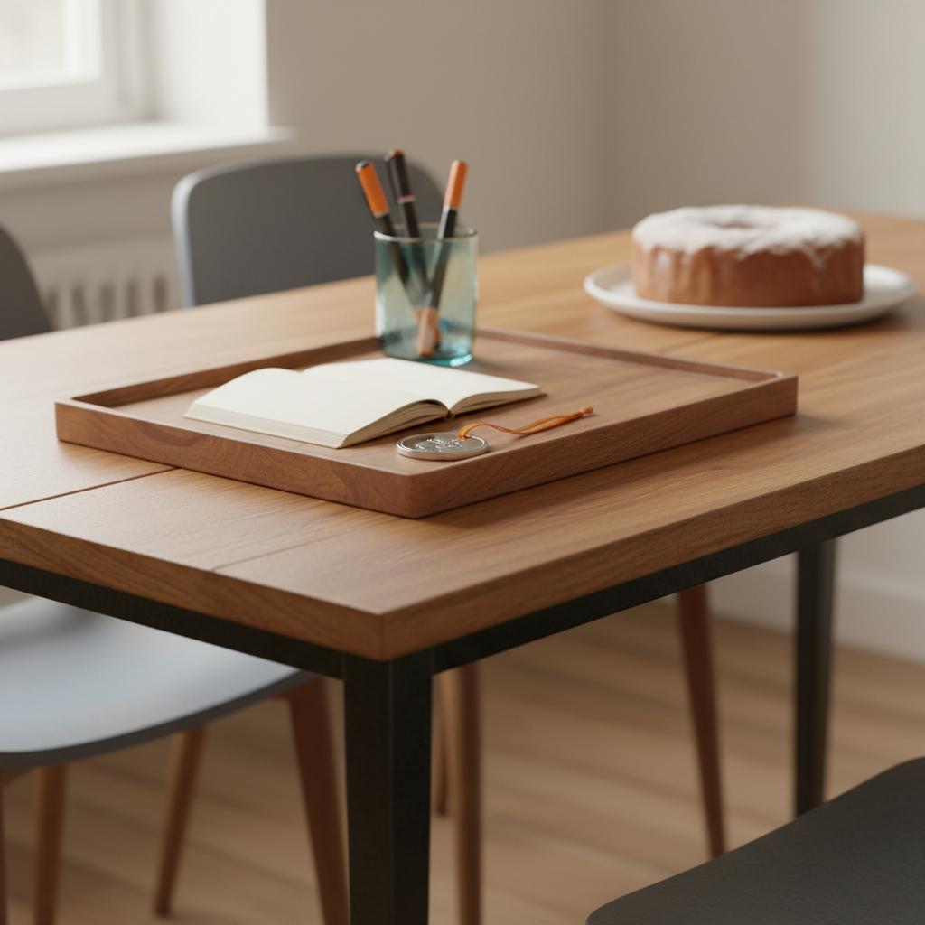Detailaufnahme eines Esstisches mit Notizbuch, graviertem Metallanhänger, Stiften und einfachem Vanillekuchen im Hintergrund – geschenkideen für lehrerin