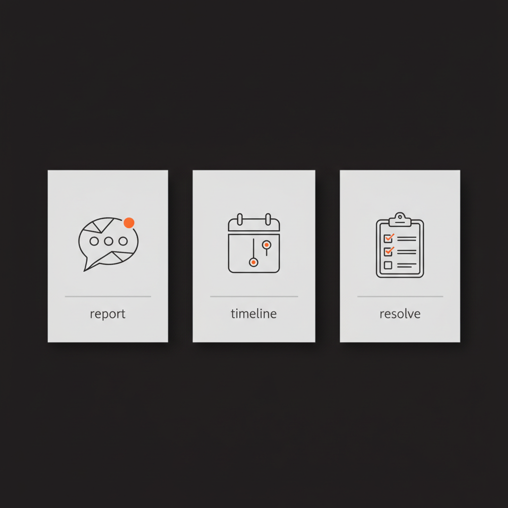 Minimal black-background infographic with vector chat bubble, calendar timeline, and checklist icons in brand colors illustrating steps for how to get a Google review taken down