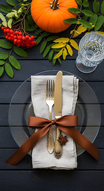 Elegant Autumn Table Setting Gold Cutlery Pumpkin Decor - Free mobile Wallpaper