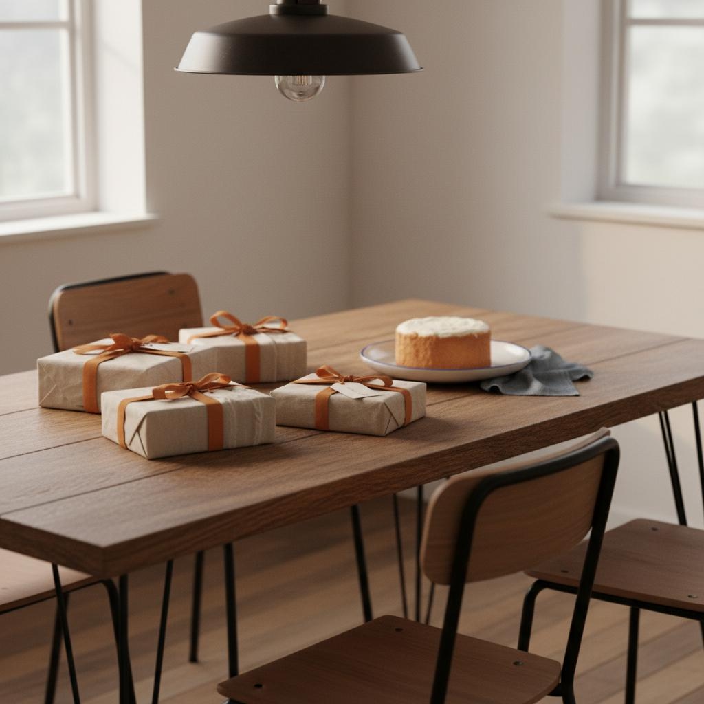 Intime Esszimmer-Szene mit Esstisch, verpackten Geschenken und Vanillekuchen in minimalistischer Steelmonks-Ästhetik – ruhige, warme geschenkideen familie