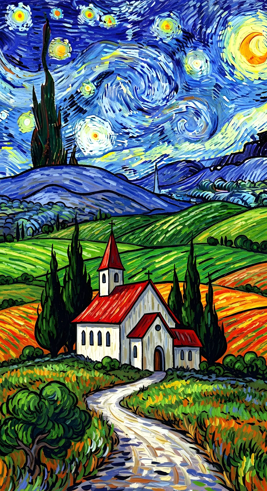 Impressionist Church Landscape with Starry Night Sky Painting - Free 4K mobile Wallpaper