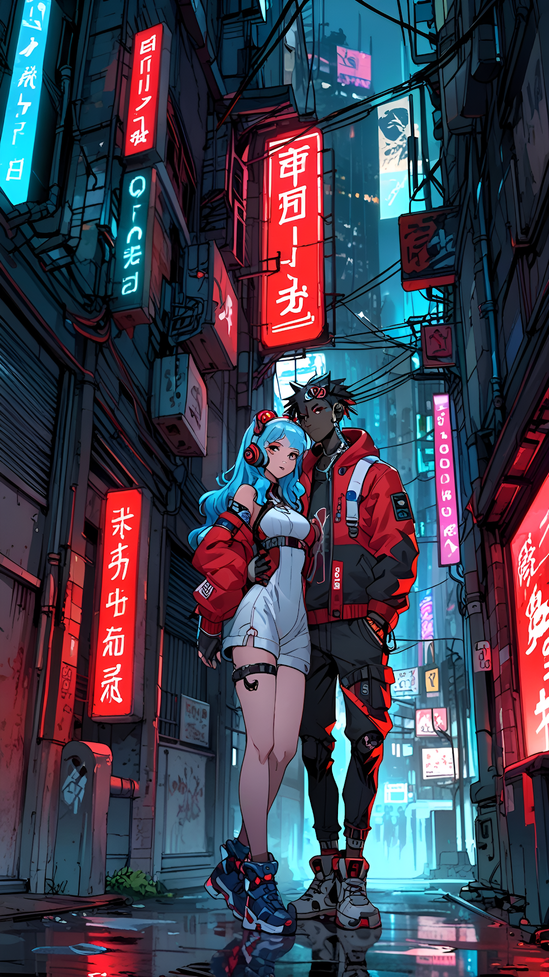 Cyberpunk Couple in Neon-Lit Alley with Japanese Signs - Free 4K mobile Wallpaper
