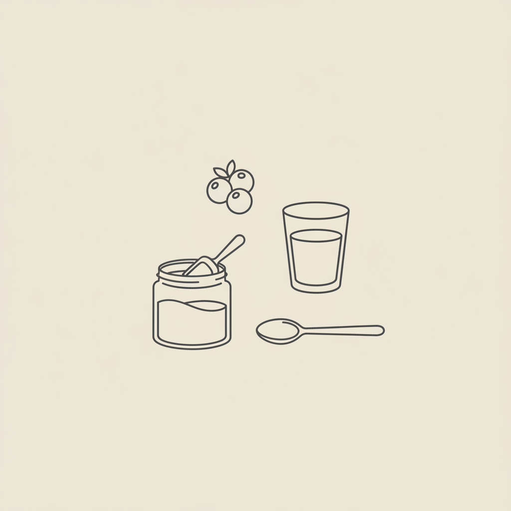 Minimalist Tonum-style line illustration of a jar of protein powder with a scoop, spoon, water glass, and berries on beige background, clean vector icon for protein powder