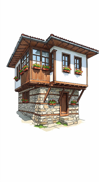 Traditional Balkan Stone and Timber House Illustration - Free mobile Wallpaper