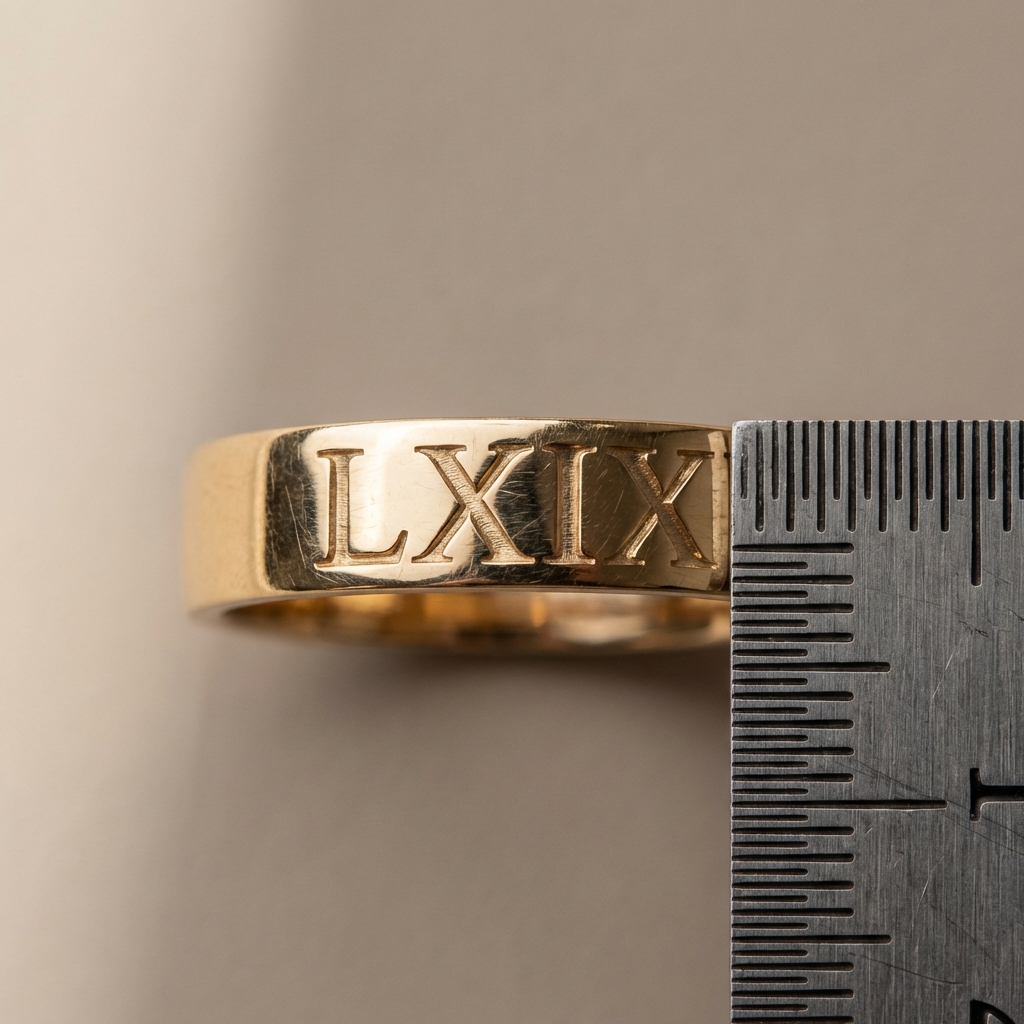 Macro shot of a gold roman numeral ring showing LXIX engraving with a millimetre scale on a neutral beige background highlighting engraving depth and tool marks