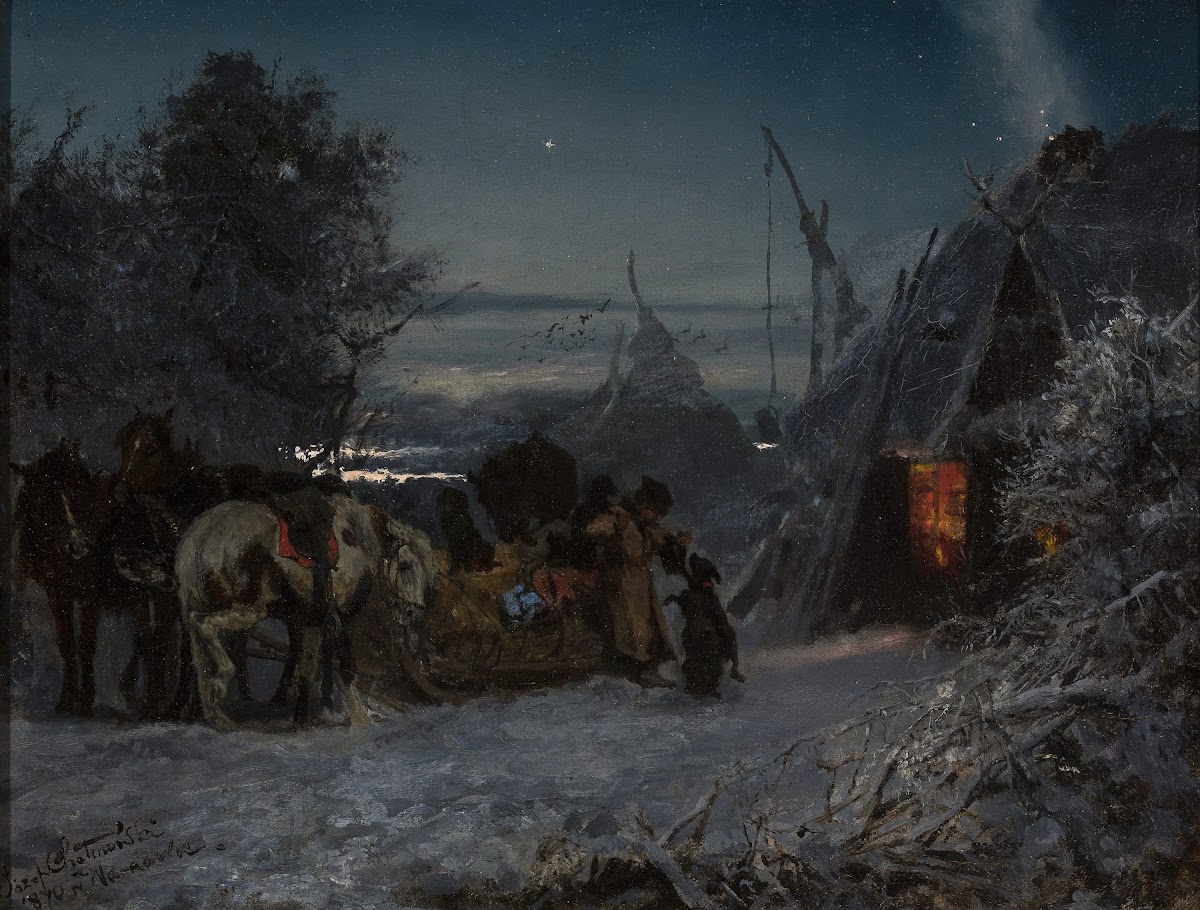 Sleigh in front of a hut at night 1870