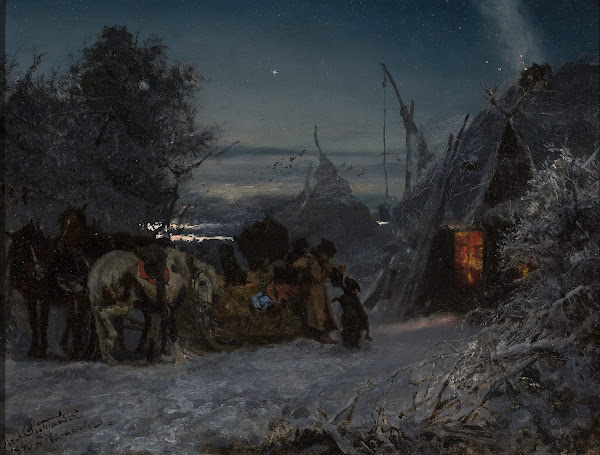 Sleigh in front of a hut at night 1870