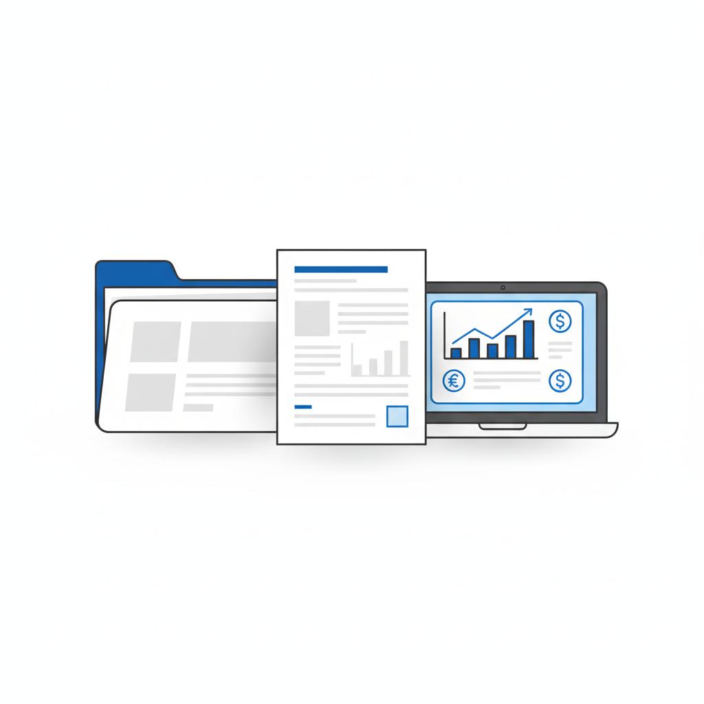 Close up vector illustration of a service record folder printed vehicle history report and laptop with price comparison charts showing used car values clean minimalist layout