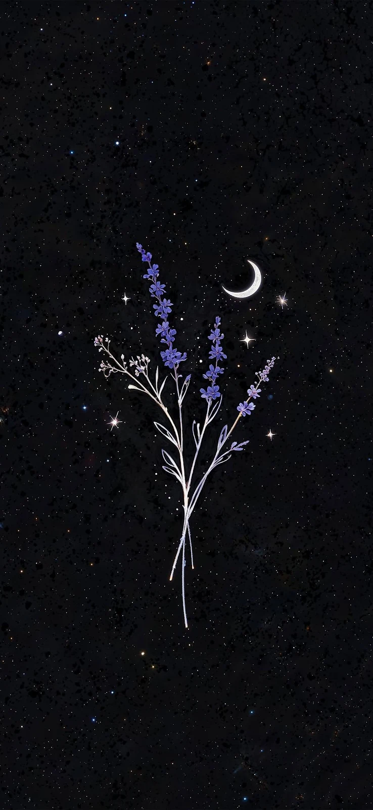 Lavender Under Crescent Moon - Minimalist Digital Illustration Full HD iPhone Wallpaper (1080x2341)