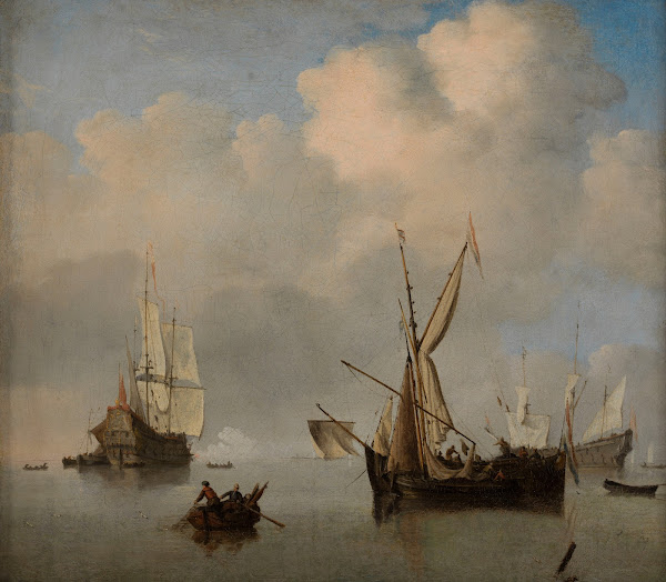 Mer calme deux petits cabotiers néerlandais à lancre bord à bord Marine 1675