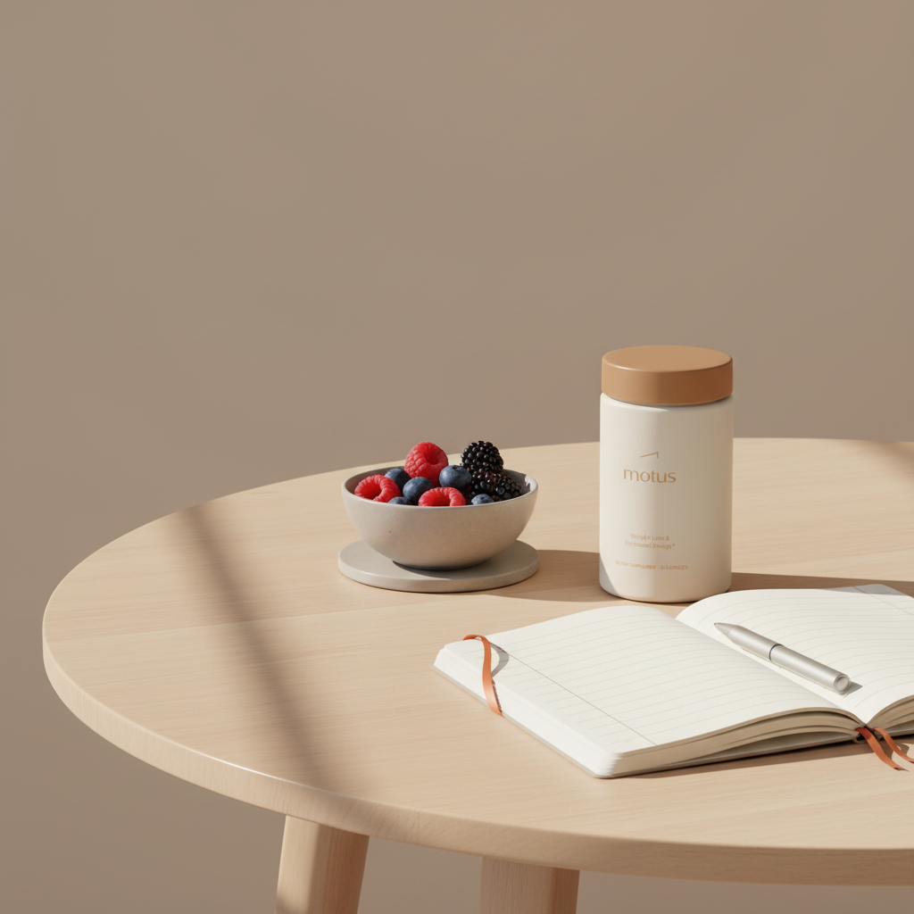 Tonum Motus bottle on a minimalist kitchen table beside a bowl of berries and notebook in soft natural light; label reads Motus, Weight loss and increased Energy*; weight loss pills