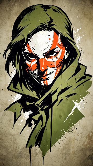 Hooded figure with orange and white face paint in gritty art style - Free mobile Wallpaper