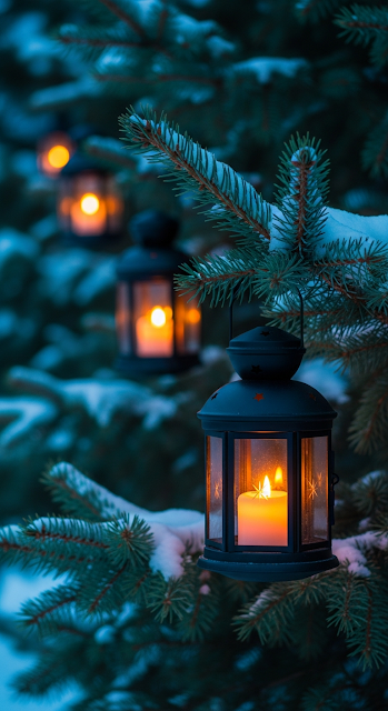 Close-up of Glowing Black Lanterns Hanging on Snowy Evergreen Branches at Twilight - Free mobile Wallpaper
