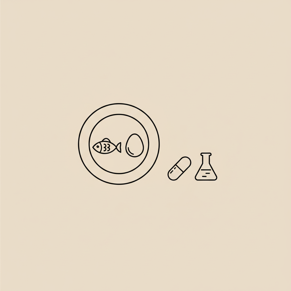 Minimal Tonum-style vector illustration of a plate with fish and egg, capsule and small lab beaker beside it on beige background, concept: protein turn to fat