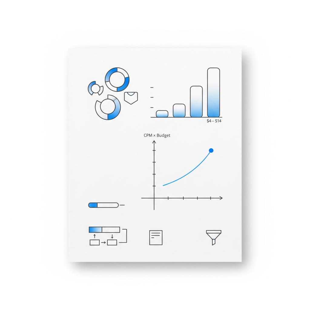 Vector notebook diagram showing testing and scaling visuals &mdash; audience segments, unlabeled bars representing CPM ranges, and a reach vs. budget graph for Instagram CPM