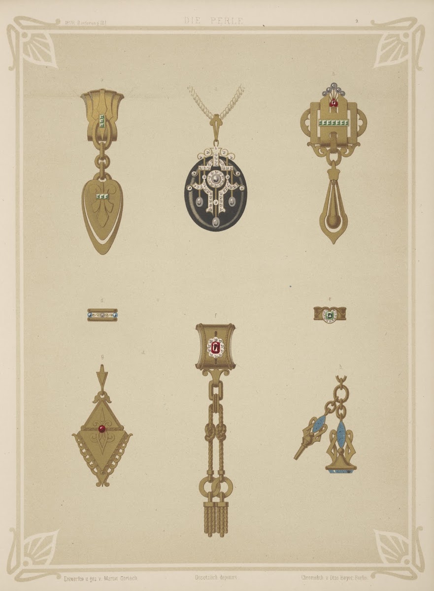 Eight Designs For Jewelry Including Black Pendant With Diamonds 1872   1873