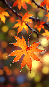 Autumn Maple Leaf with Raindrops and Bokeh