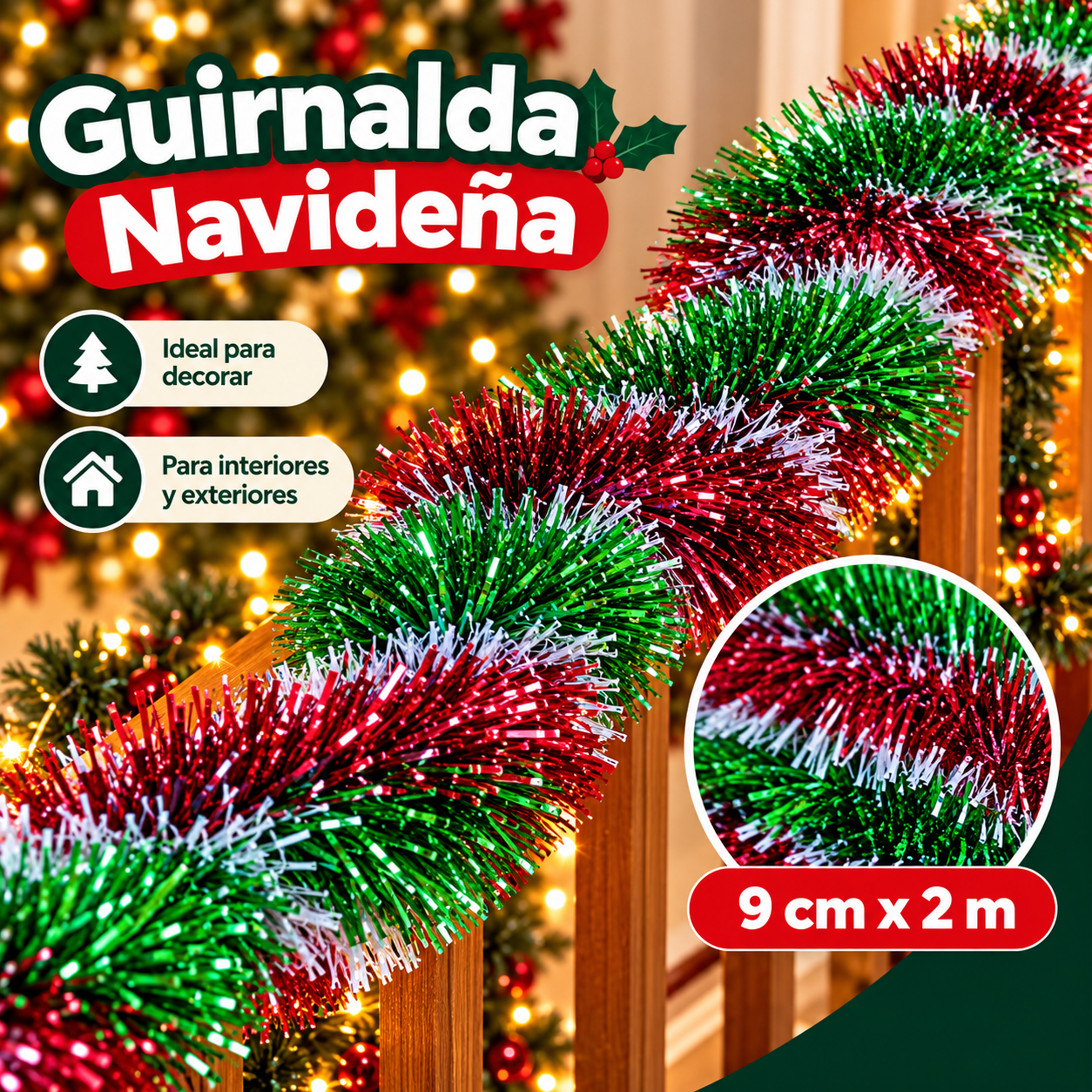 Guirnalda navideña de tinsel bicolor 9 cm x 2 m