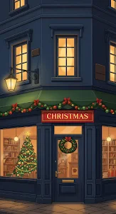 Cozy Christmas Bookstore Exterior Illustration at Night