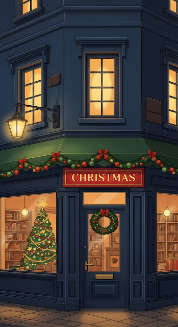 Cozy Christmas Bookstore Exterior Illustration at Night - Free mobile Wallpaper