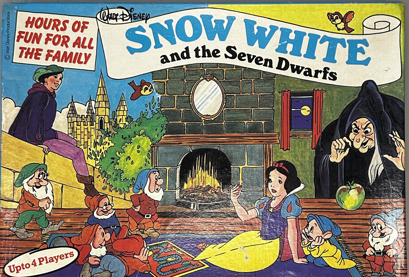 Snow White and the Seven Dwarfs 'Hours of Fun for All the Family' board game, Walt Disney Productions era, with a winding snakes-and-ladders path and the film's characters