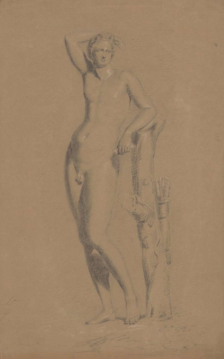 Male figure right arm upraised leaning against tree trunk seen from the front 17
