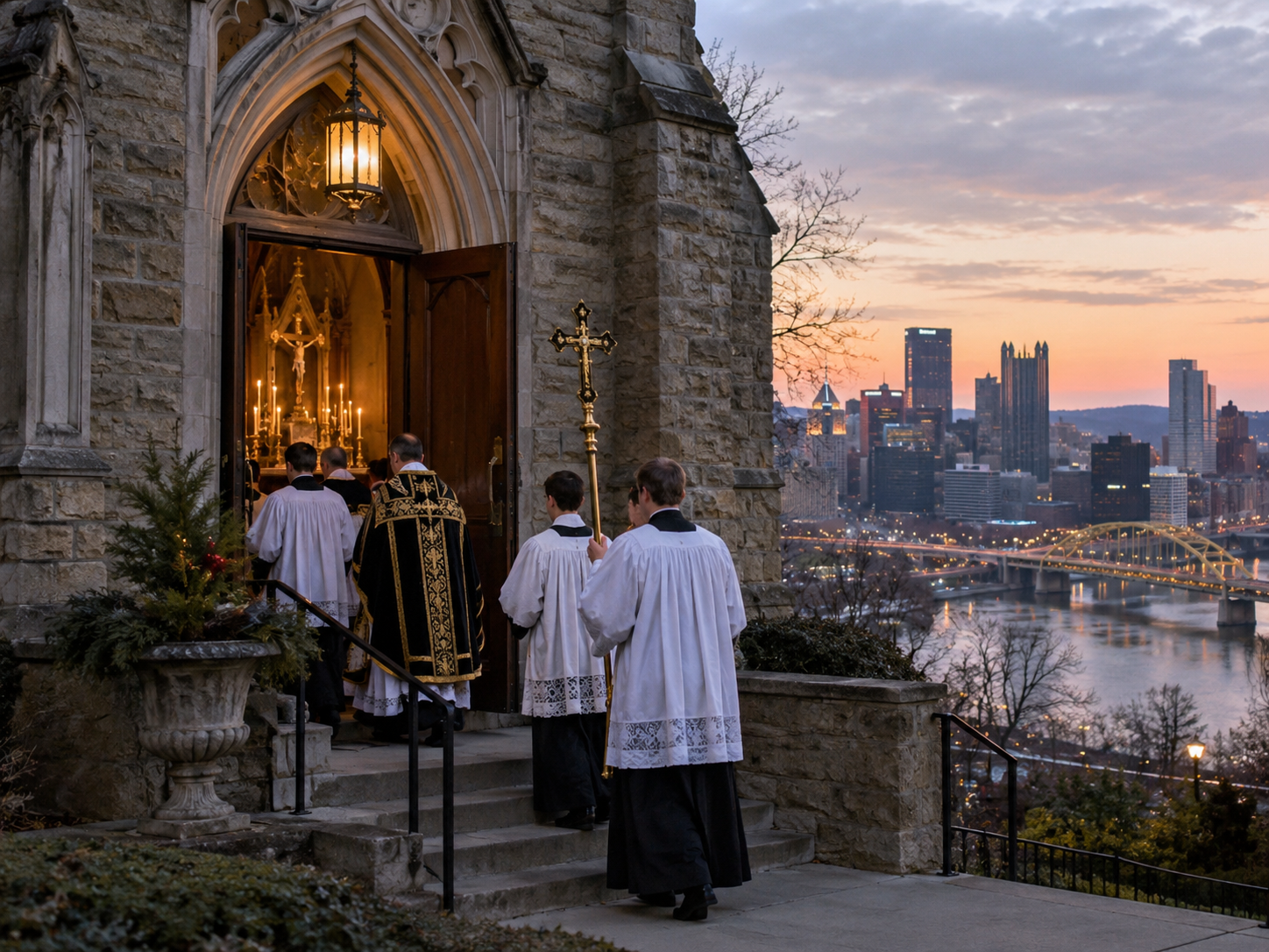 Clero em contexto de liturgia tradicional com a paisagem urbana de Pittsburgh ao fundo, em reconstrução editorial realista.