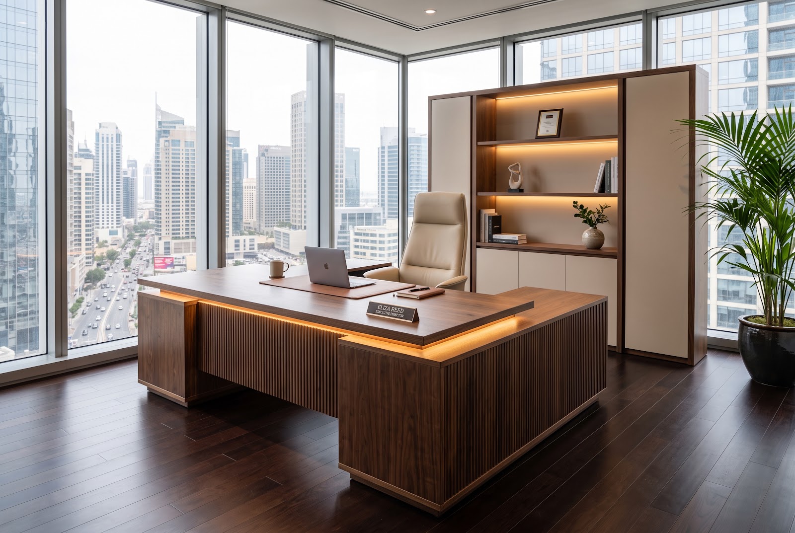 Model meja direktur modern minimalis dengan kabinet samping COCOUP
