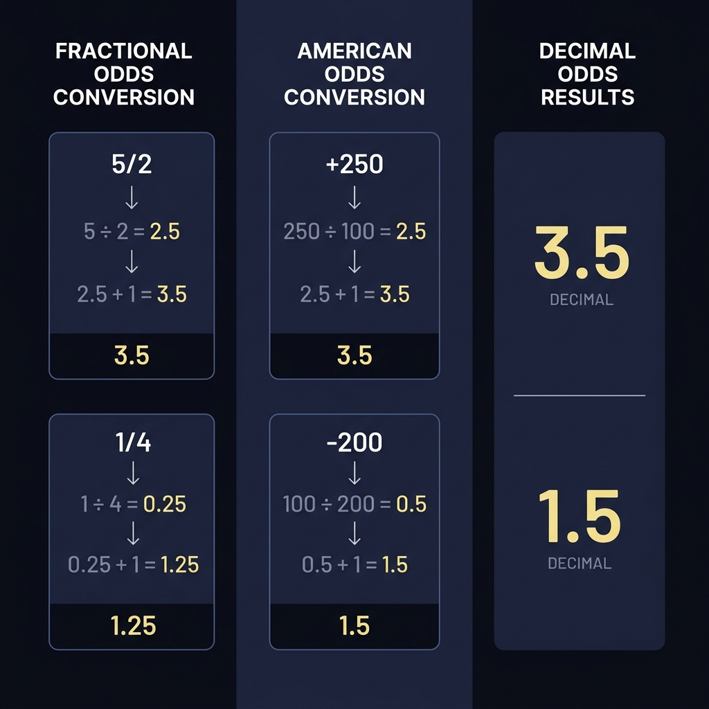 Minimalist full frame infographic showing step by step conversion of fractional odds and american odds to decimal odds with small calculation boxes and intermediate steps return on bet calculator
