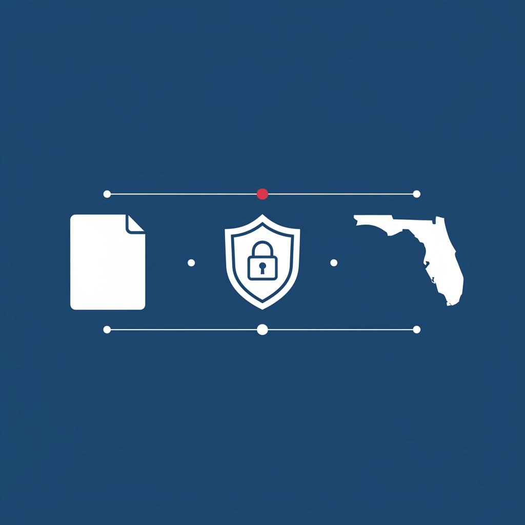 Minimalist 2D vector infographic of document shield lock and Florida outline on deep blue background representing florida constitution privacy