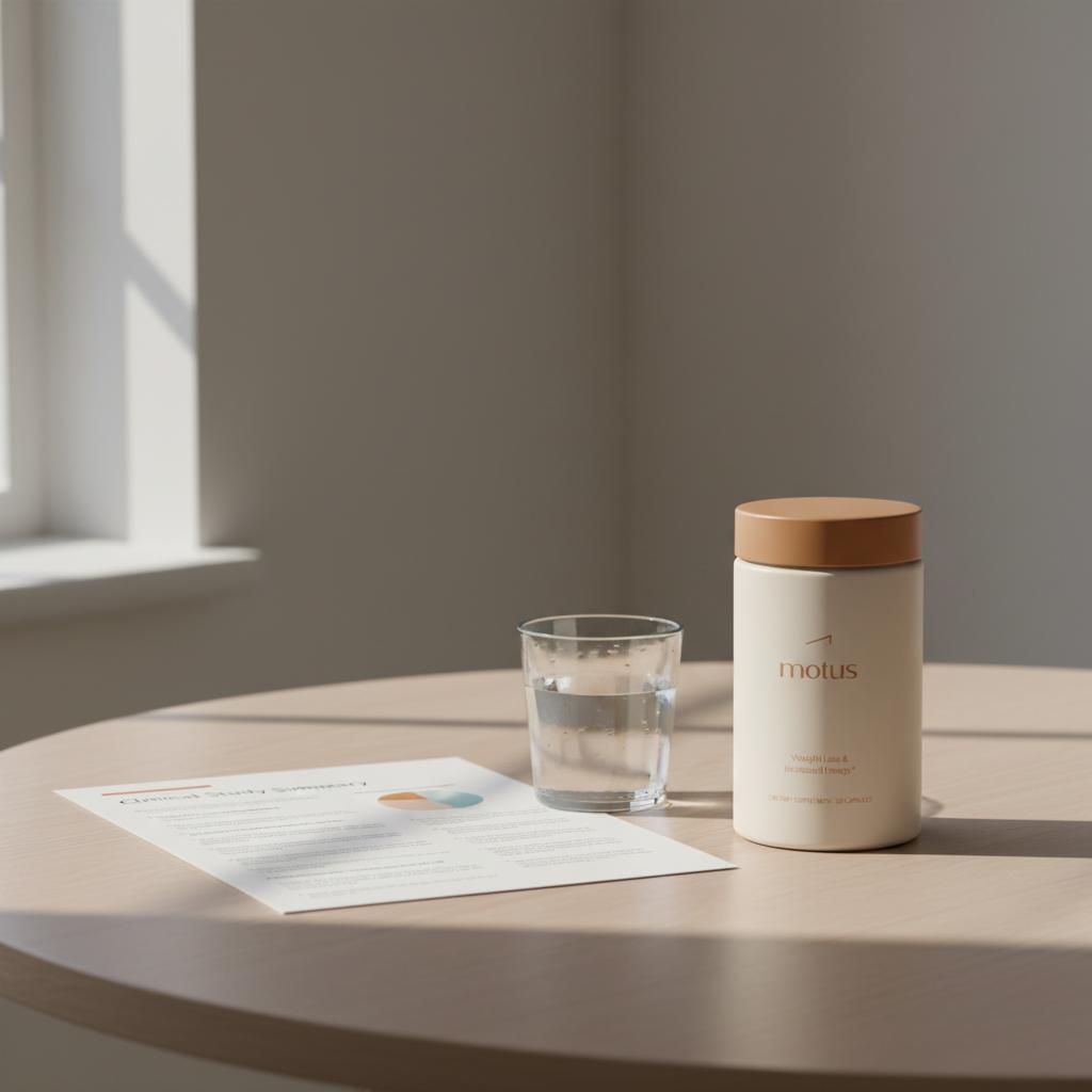 Minimalist scene of Tonum Motus supplement container beside an open clinical study summary and a glass of water on a neutral table, minimalist health shot featuring berberine.