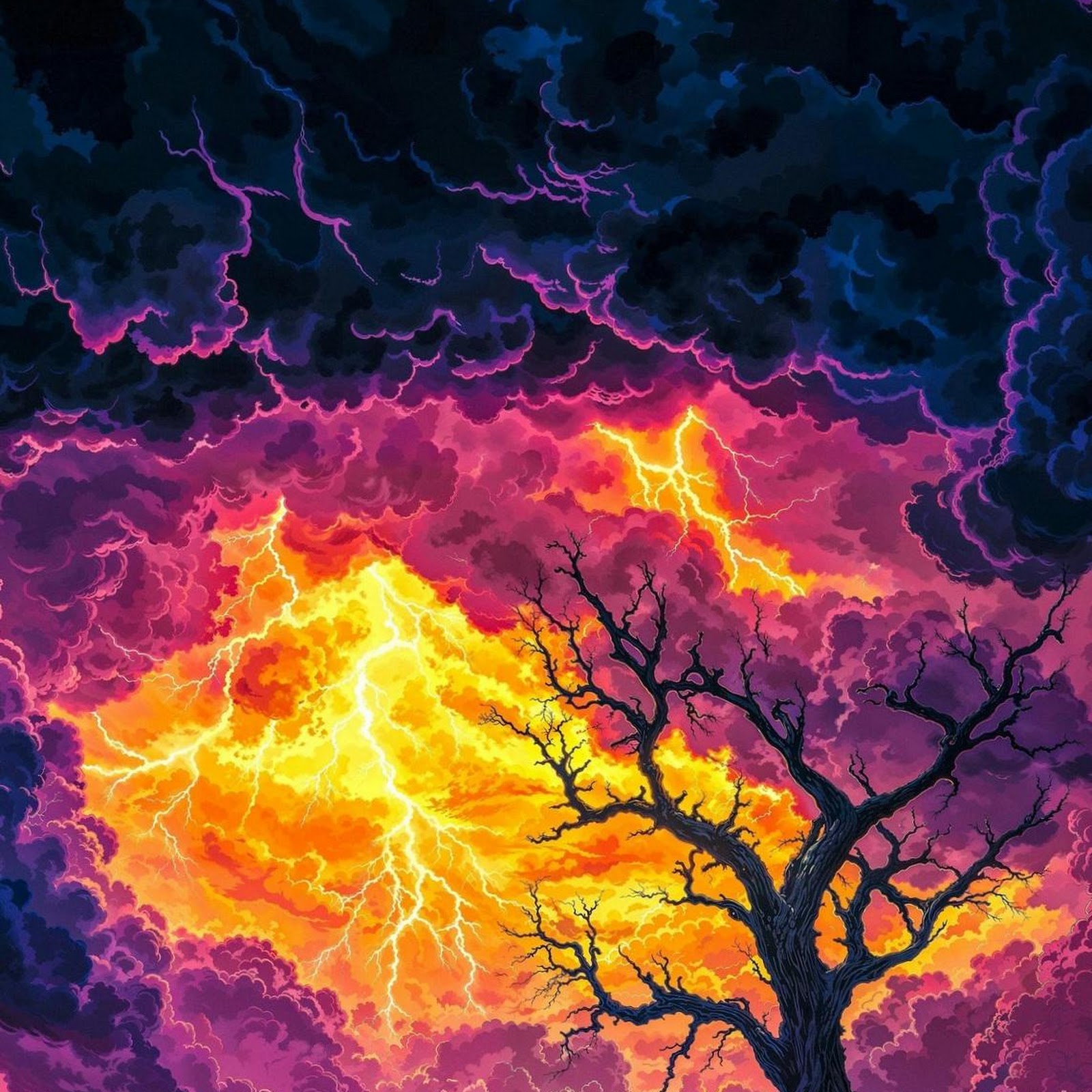 Download Lonely Tree Under Lightning Storm Full HD iPhone
