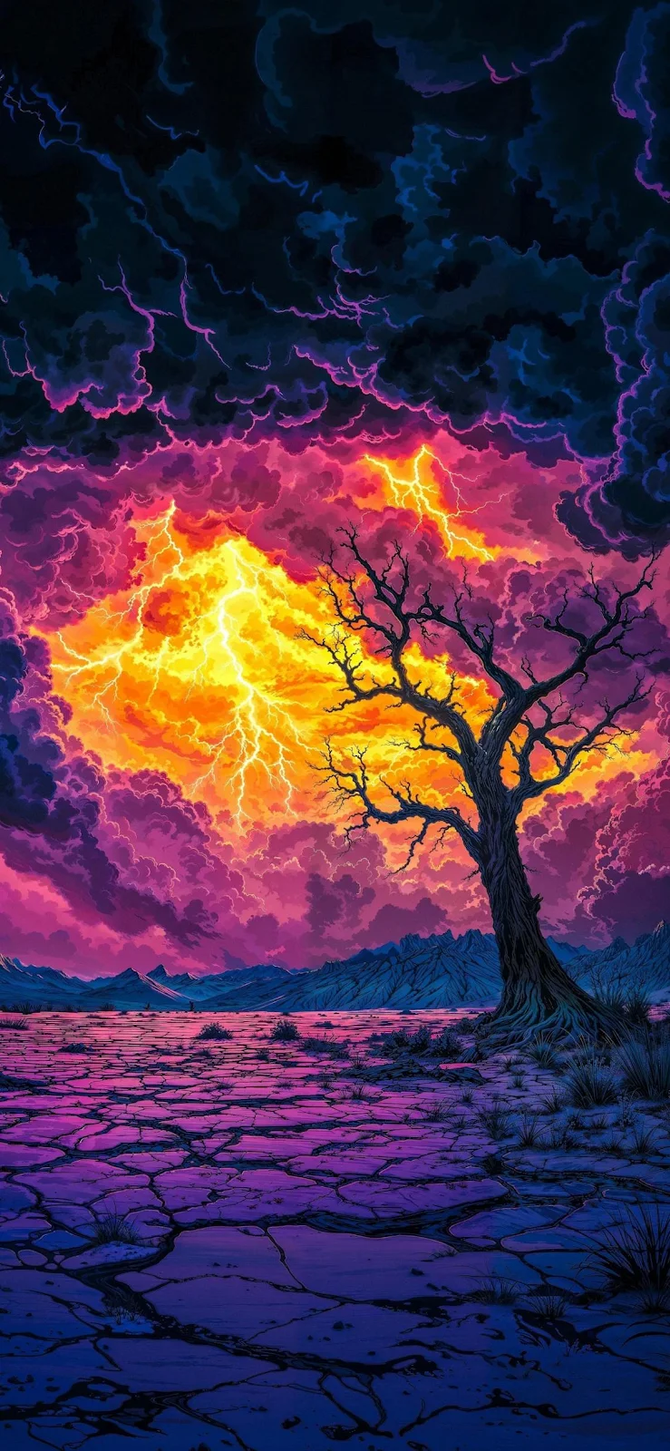 Lonely Tree Under Lightning Storm - Surreal Digital Art Full HD iPhone Wallpaper (1142x2474)