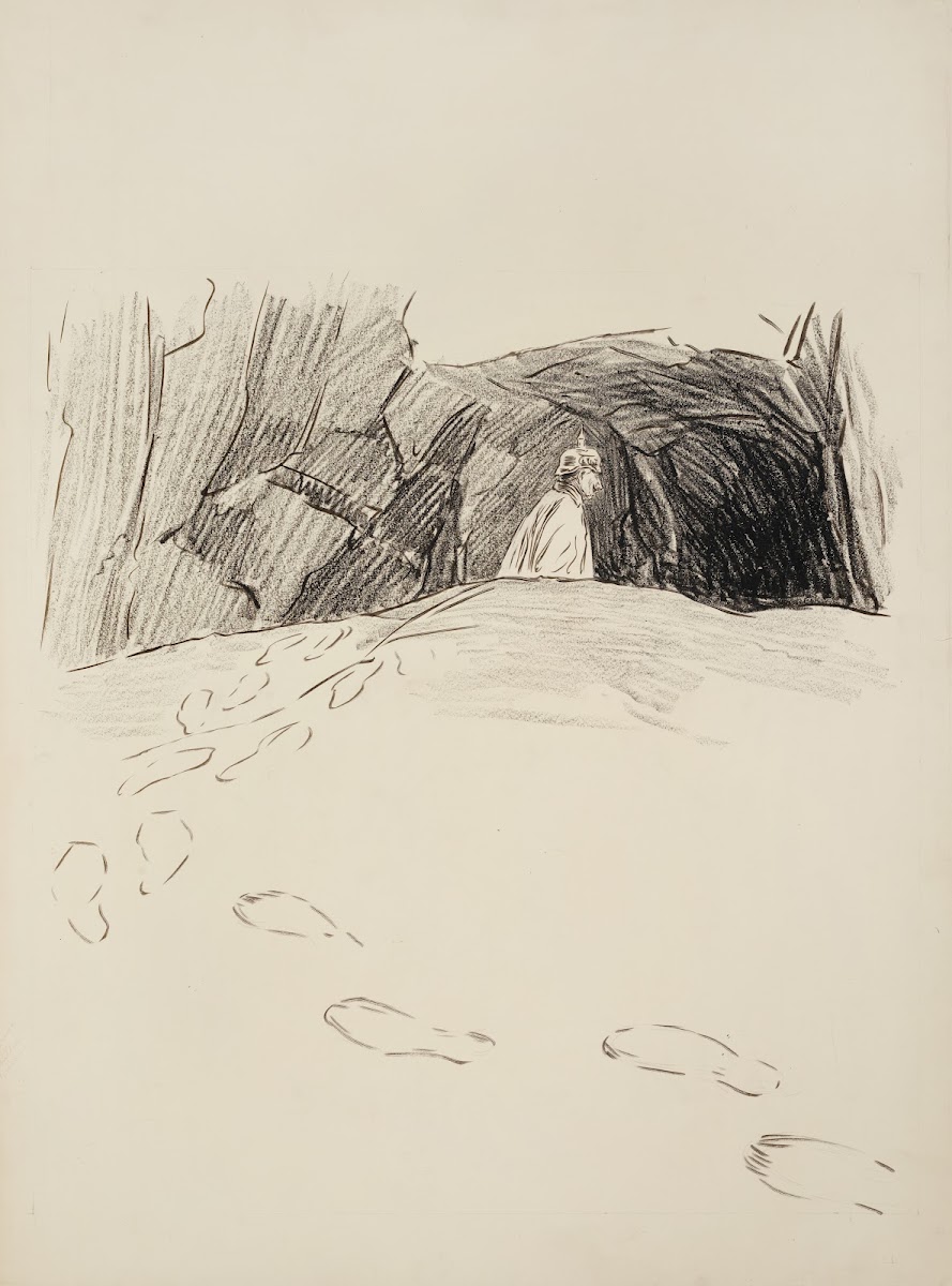A Prussian soldier enters a cave leaving large footprints behind him