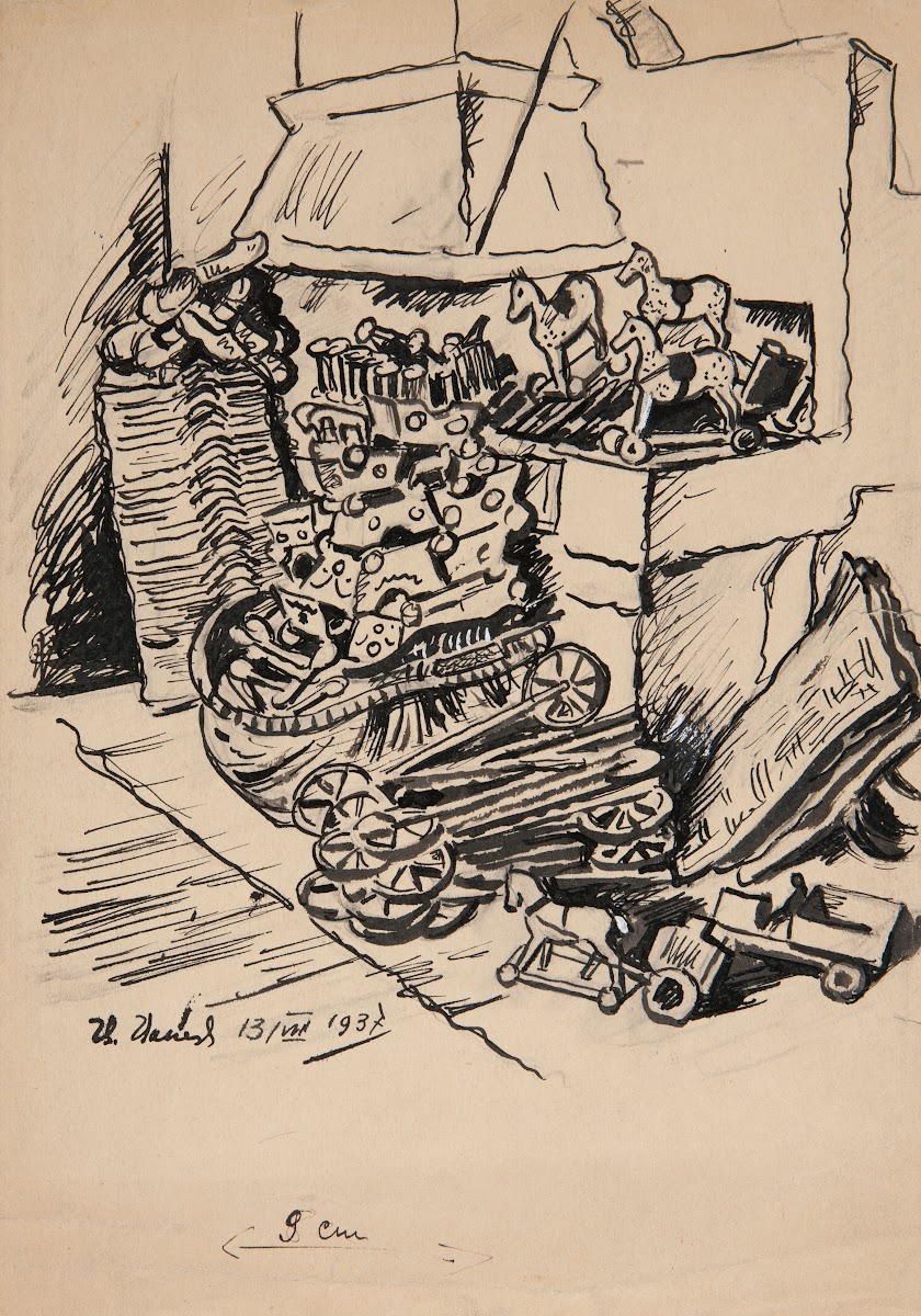 Projekt ilustracji fragment wnętrza kuchni ze stertami drewnianych zabawek 1937