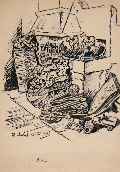 Projekt ilustracji fragment wnętrza kuchni ze stertami drewnianych zabawek 1937