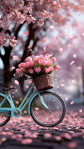 Blue Bicycle with Pink Tulips Under Cherry Blossoms