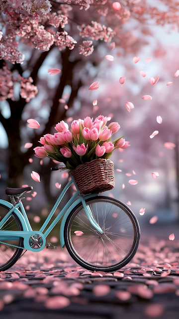 Blue Bicycle with Pink Tulips Under Cherry Blossoms