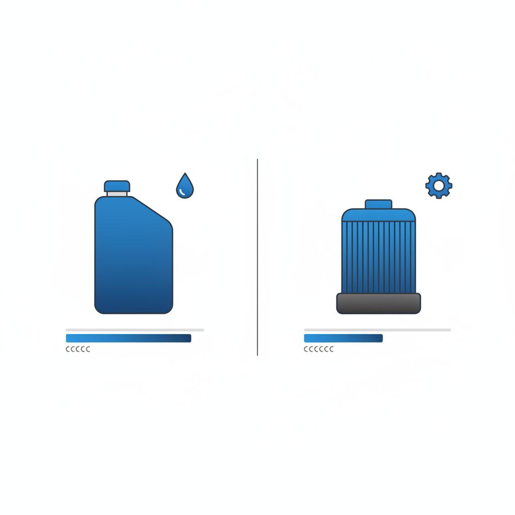 Minimalist 2D vector side by side comparison of a full synthetic oil bottle and an OEM oil filter with icon based specification and capacity indicators bentley bentayga for sale
